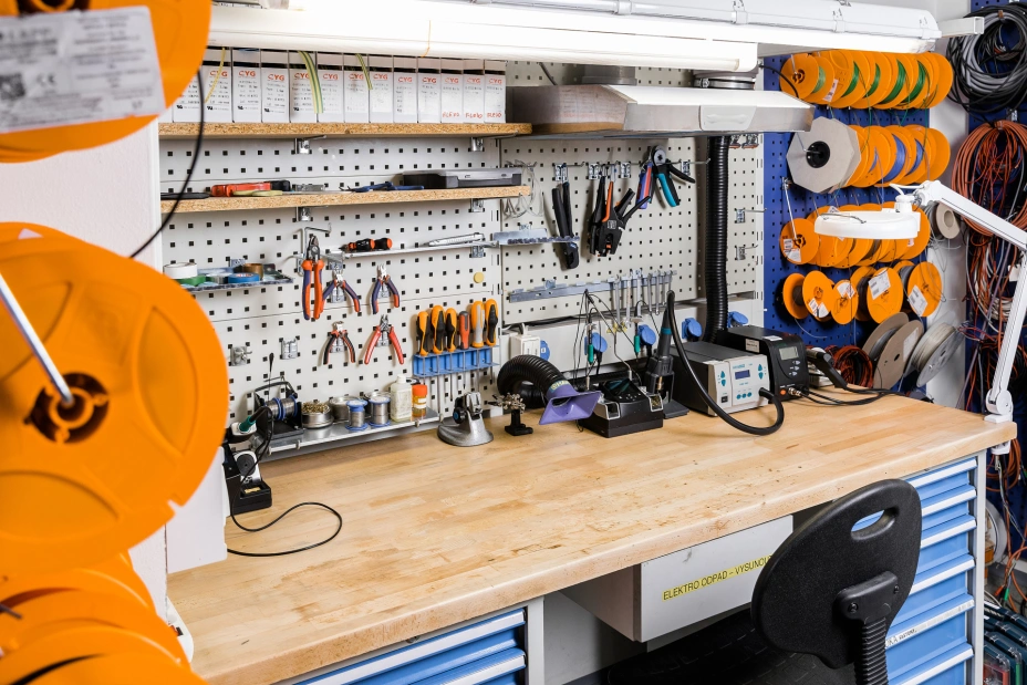 fully equipped workroom with equipment and tools for low-current tests